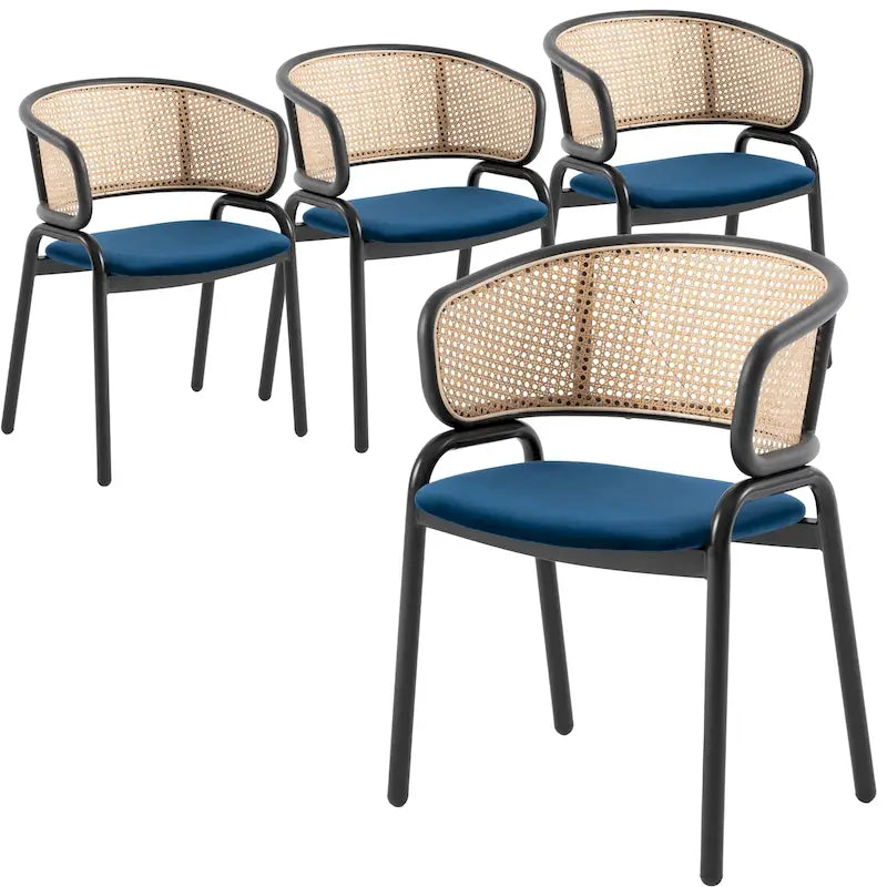 Fauteuil de salle à manger en velours avec dossier en rotin, Bleu marine / Beige / Noir / Gris, Lot de 4