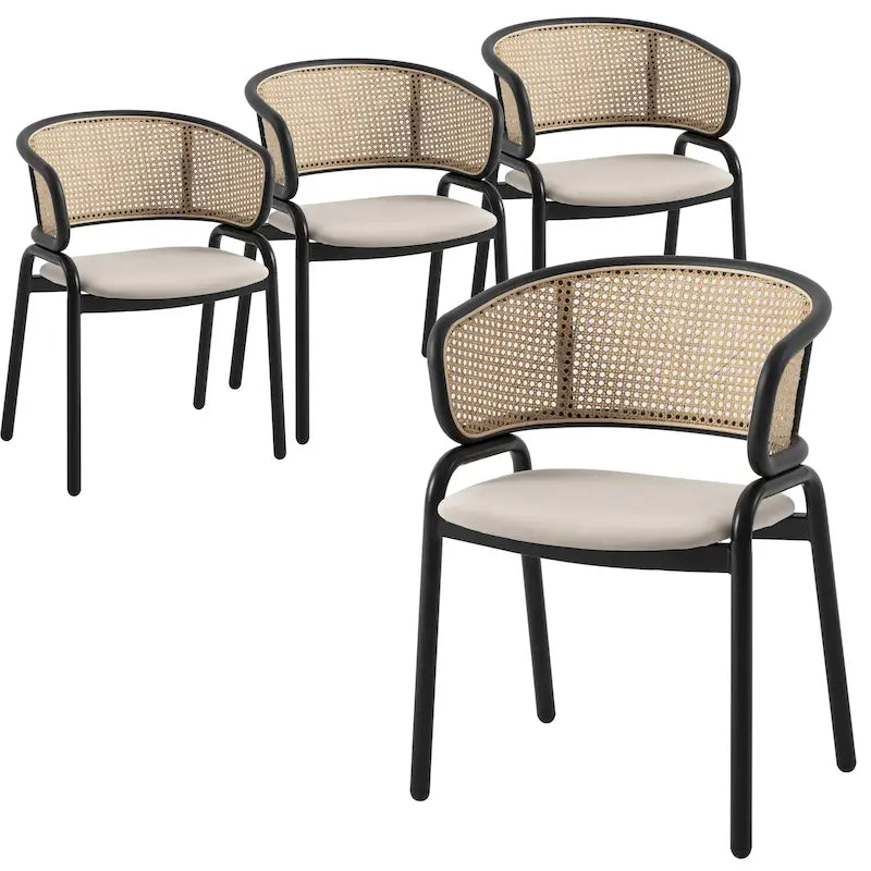 Fauteuil de salle à manger en velours avec dossier en rotin, Bleu marine / Beige / Noir / Gris, Lot de 4