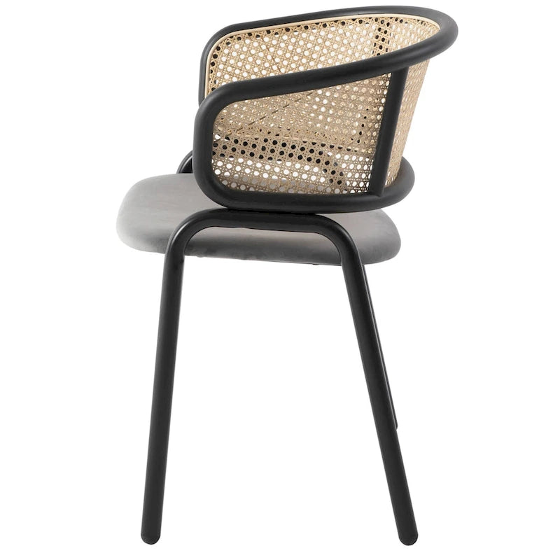 Fauteuil de salle à manger en velours avec dossier en rotin, Bleu marine / Beige / Noir / Gris, Lot de 4