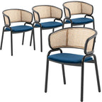 Fauteuil de salle à manger en velours avec dossier en rotin, Bleu marine / Beige / Noir / Gris, Lot de 4