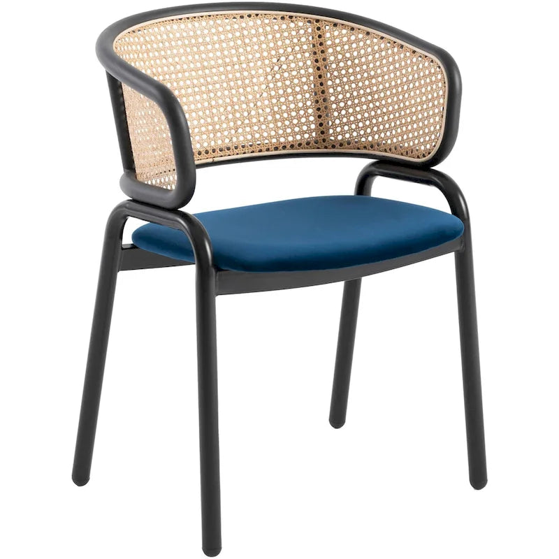 Fauteuil de salle à manger en velours avec dossier en rotin, Bleu marine / Beige / Noir / Gris, Lot de 4