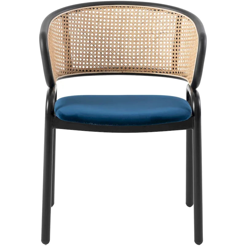 Fauteuil de salle à manger en velours avec dossier en rotin, Bleu marine / Beige / Noir / Gris, Lot de 4