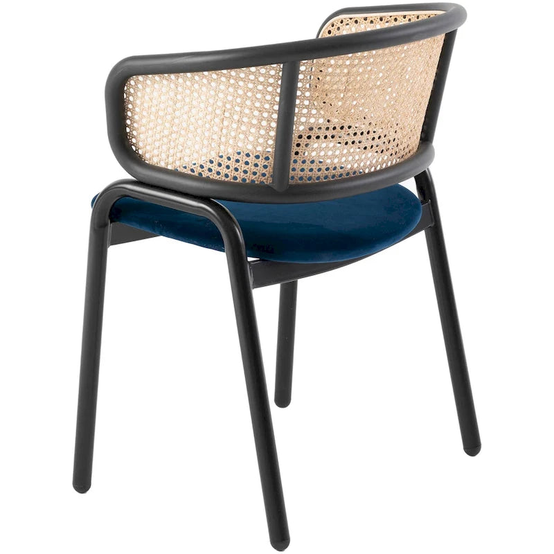 Fauteuil de salle à manger en velours avec dossier en rotin, Bleu marine / Beige / Noir / Gris, Lot de 4