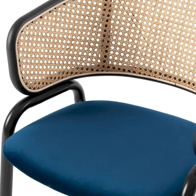 Fauteuil de salle à manger en velours avec dossier en rotin, Bleu marine / Beige / Noir / Gris, Lot de 4