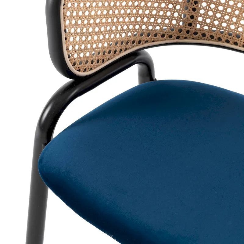 Fauteuil de salle à manger en velours avec dossier en rotin, Bleu marine / Beige / Noir / Gris, Lot de 4