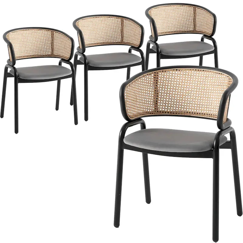 Fauteuil de salle à manger en velours avec dossier en rotin, Bleu marine / Beige / Noir / Gris, Lot de 4