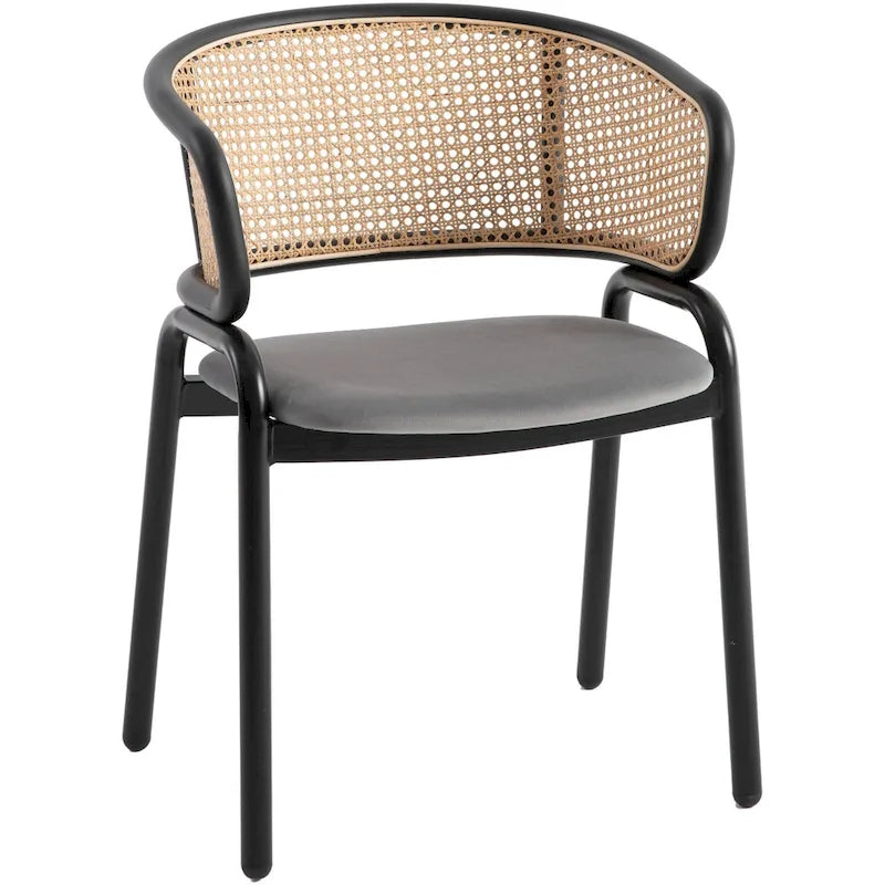 Fauteuil de salle à manger en velours avec dossier en rotin, Bleu marine / Beige / Noir / Gris, Lot de 4