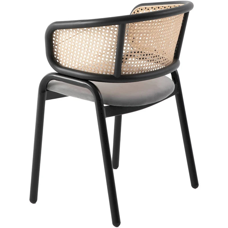 Fauteuil de salle à manger en velours avec dossier en rotin, Bleu marine / Beige / Noir / Gris, Lot de 4