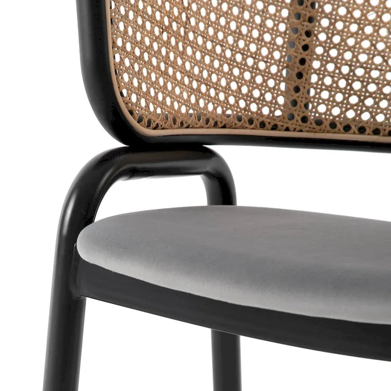 Fauteuil de salle à manger en velours avec dossier en rotin, Bleu marine / Beige / Noir / Gris, Lot de 4