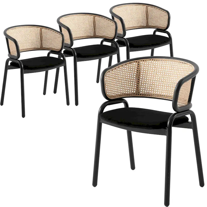 Fauteuil de salle à manger en velours avec dossier en rotin, Bleu marine / Beige / Noir / Gris, Lot de 4