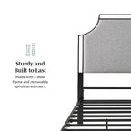Cadre de lit Queen en métal courbé et tissu gris/beige, 1 personne