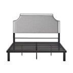 Cadre de lit Queen en métal courbé et tissu gris/beige, 1 personne