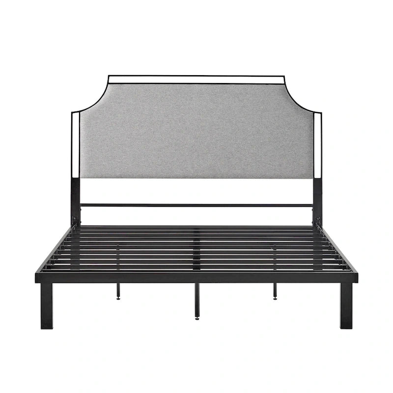 Cadre de lit Queen en métal courbé et tissu gris/beige, 1 personne