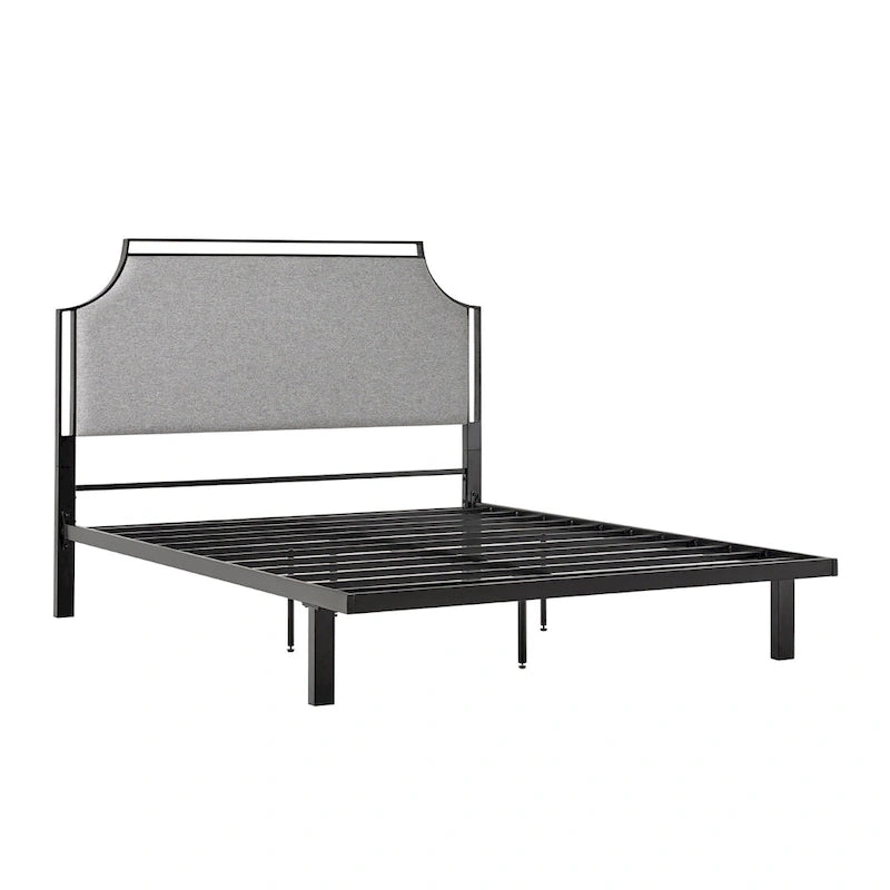 Cadre de lit Queen en métal courbé et tissu gris/beige, 1 personne