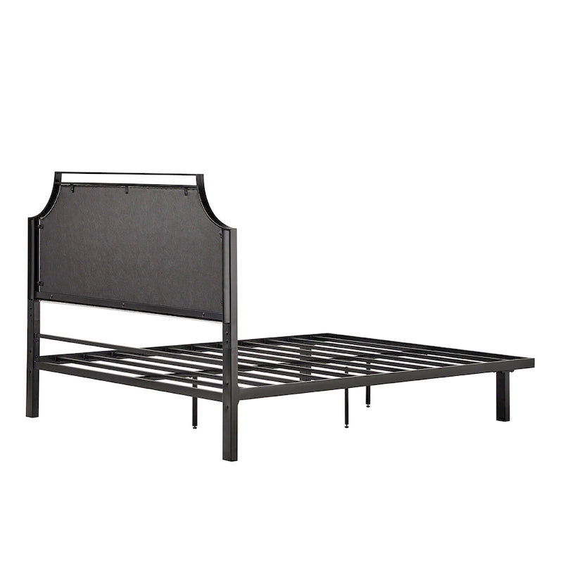 Cadre de lit Queen en métal courbé et tissu gris/beige, 1 personne
