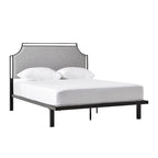 Cadre de lit Queen en métal courbé et tissu gris/beige, 1 personne