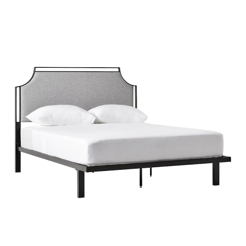 Cadre de lit Queen en métal courbé et tissu gris/beige, 1 personne
