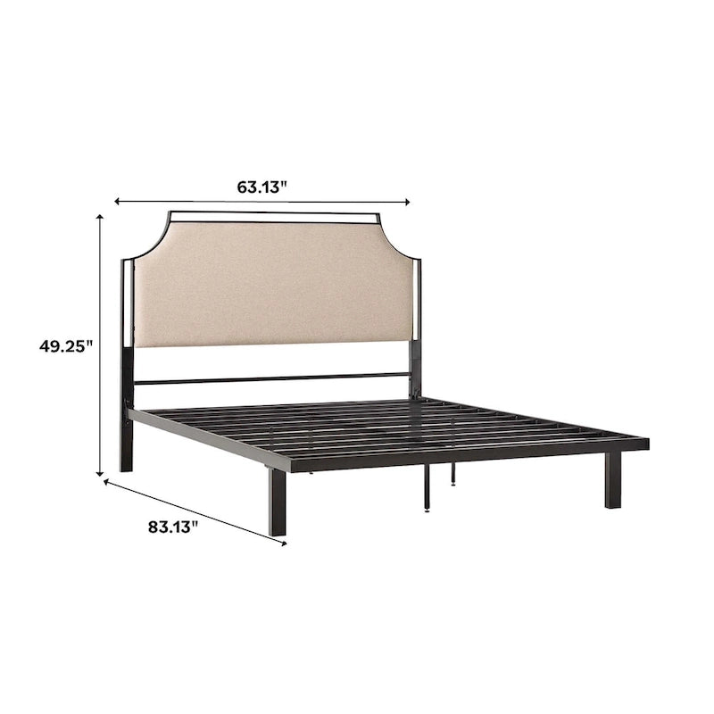 Cadre de lit Queen en métal courbé et tissu gris/beige, 1 personne