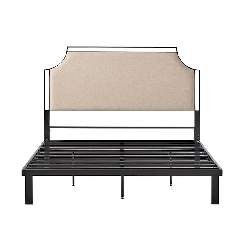 Cadre de lit Queen en métal courbé et tissu gris/beige, 1 personne