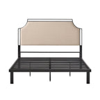 Cadre de lit Queen en métal courbé et tissu gris/beige, 1 personne