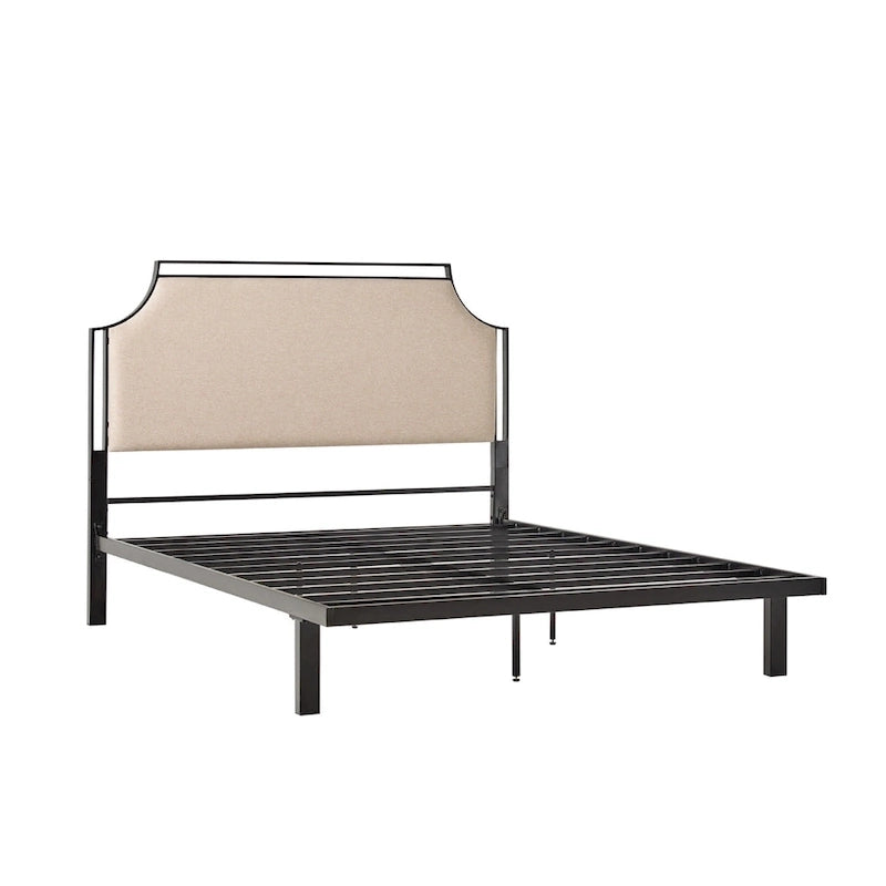 Cadre de lit Queen en métal courbé et tissu gris/beige, 1 personne