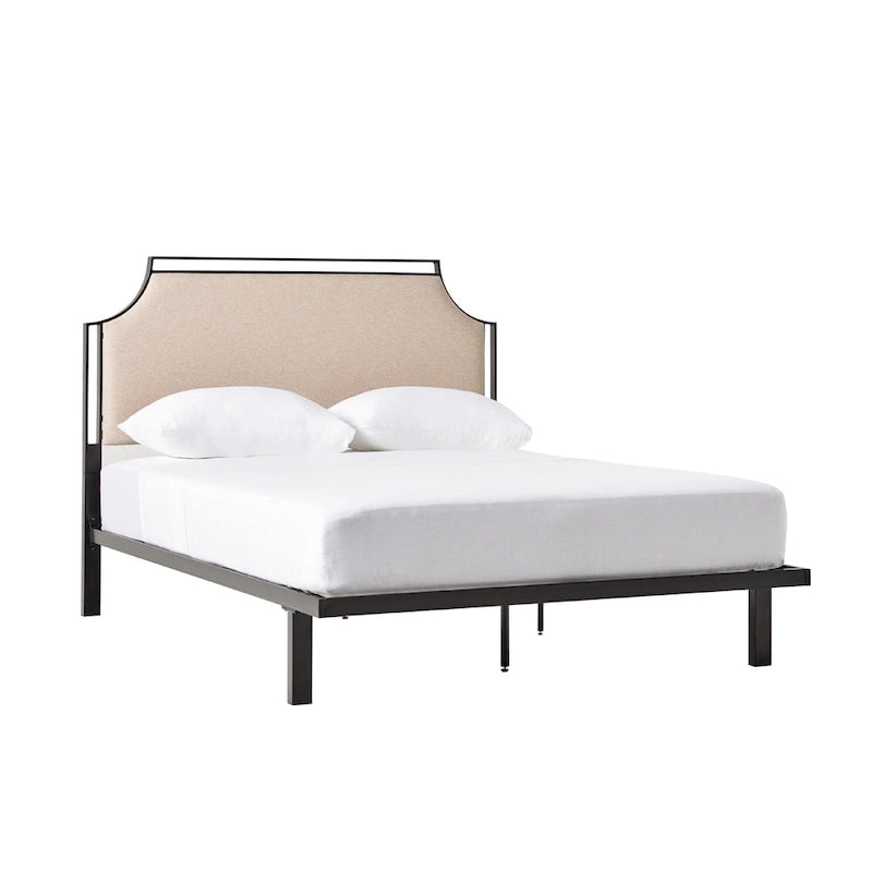 Cadre de lit Queen en métal courbé et tissu gris/beige, 1 personne