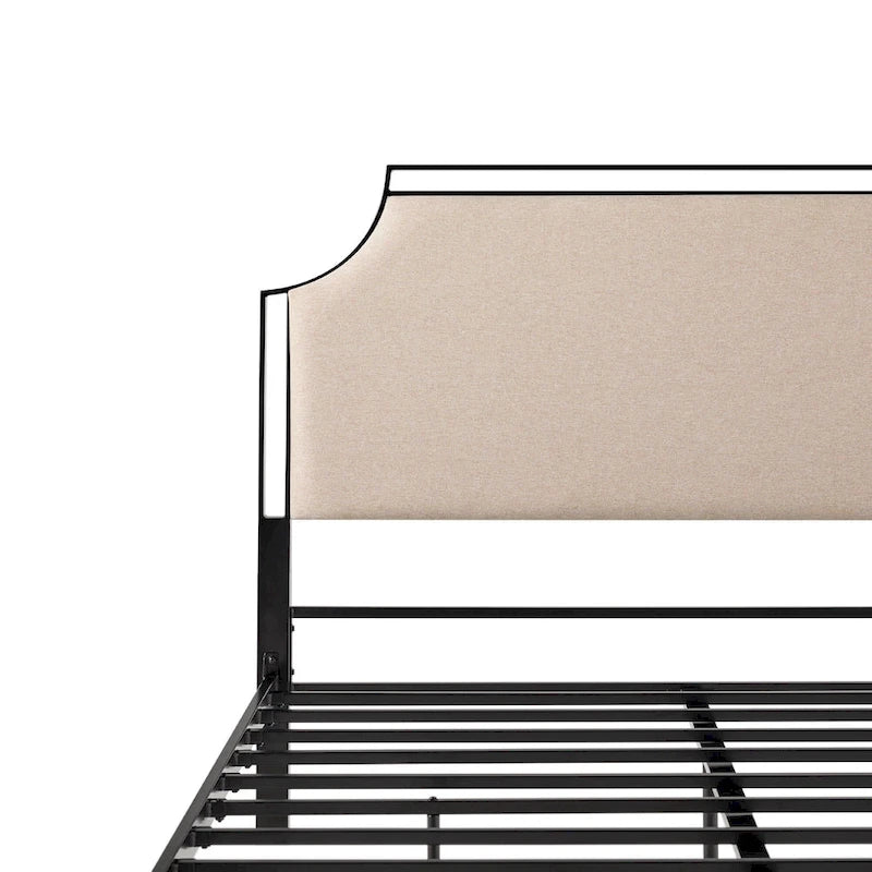 Cadre de lit Queen en métal courbé et tissu gris/beige, 1 personne