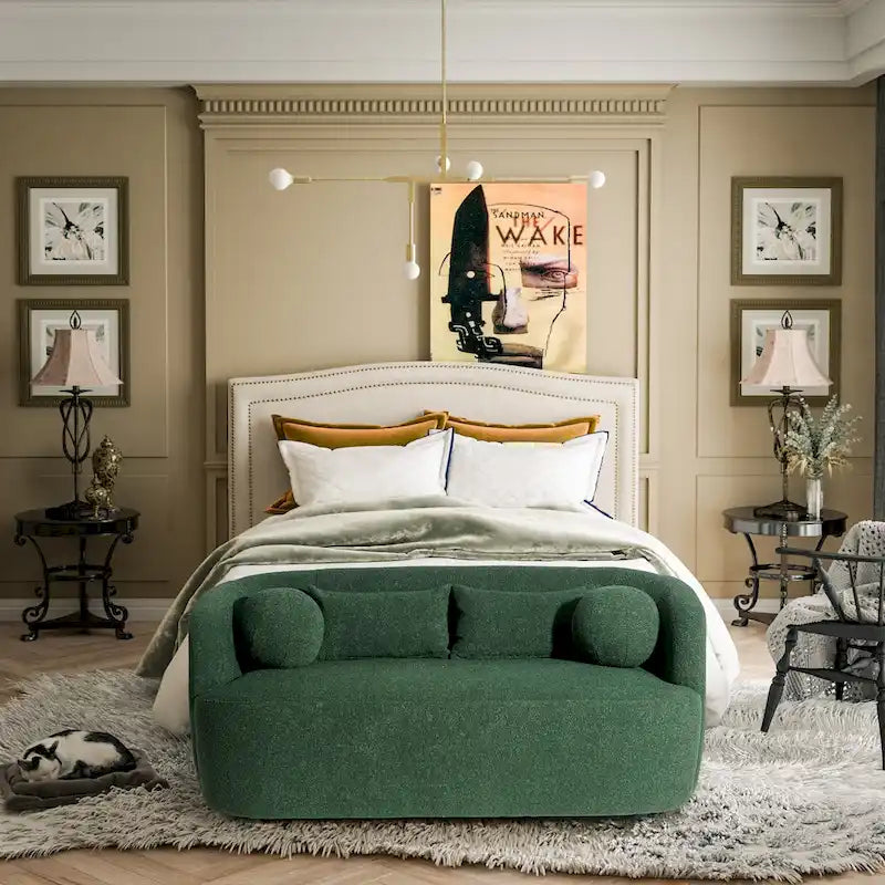 Causeuse Bouclée Taupe / Gris Foncé / Verte / Beige, 2 Places avec Coussins