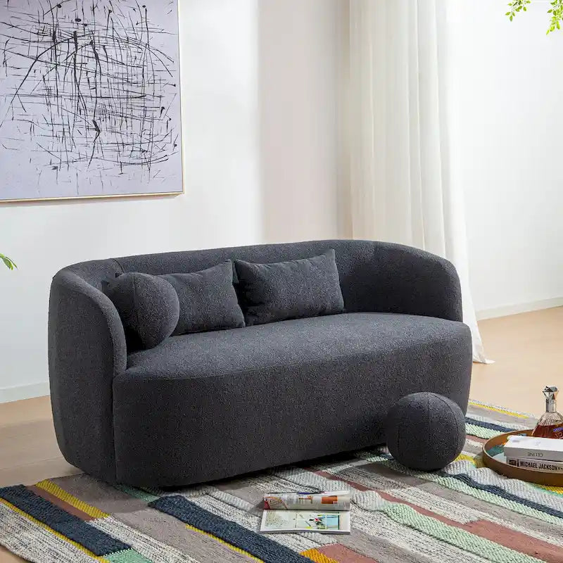 Causeuse Bouclée Taupe / Gris Foncé / Verte / Beige, 2 Places avec Coussins