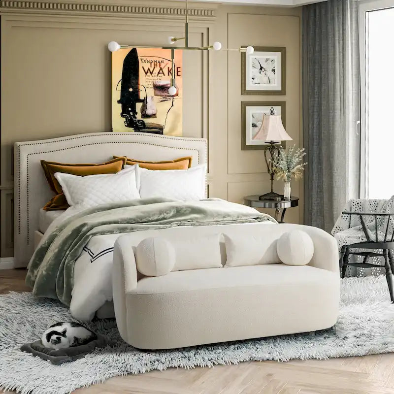 Causeuse Bouclée Taupe / Gris Foncé / Verte / Beige, 2 Places avec Coussins