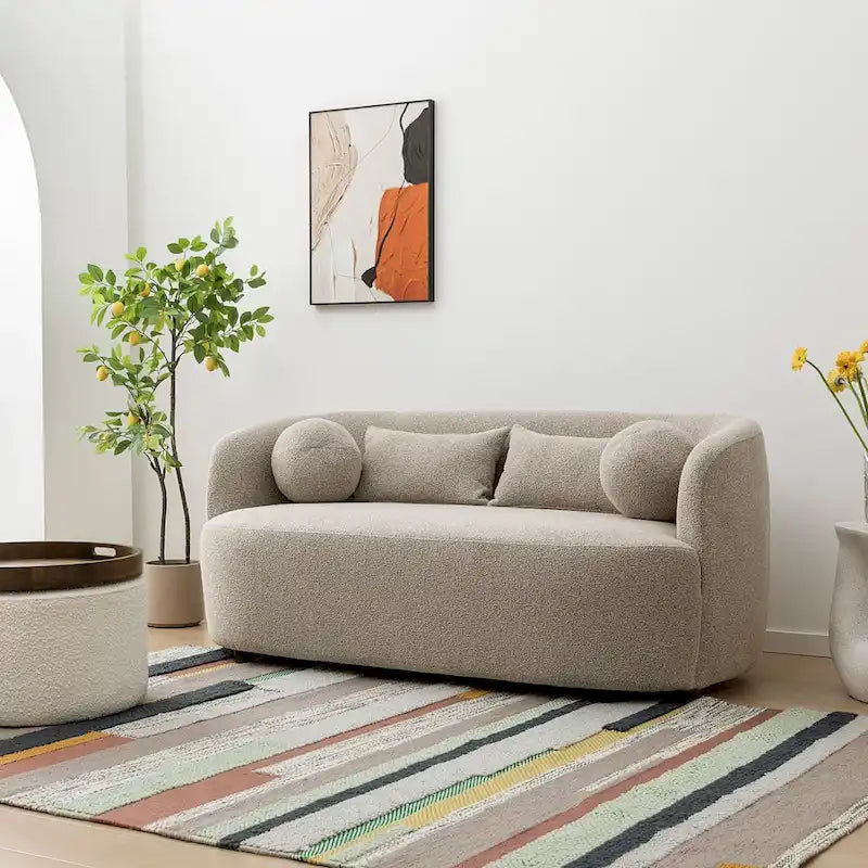 Causeuse Bouclée Taupe / Gris Foncé / Verte / Beige, 2 Places avec Coussins