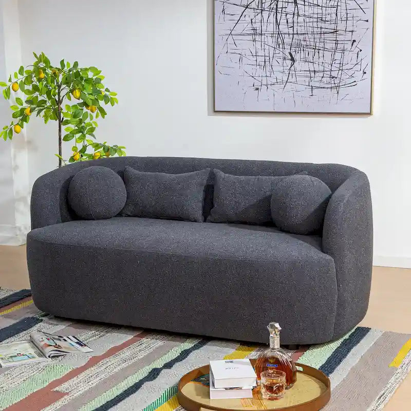 Causeuse Bouclée Taupe / Gris Foncé / Verte / Beige, 2 Places avec Coussins