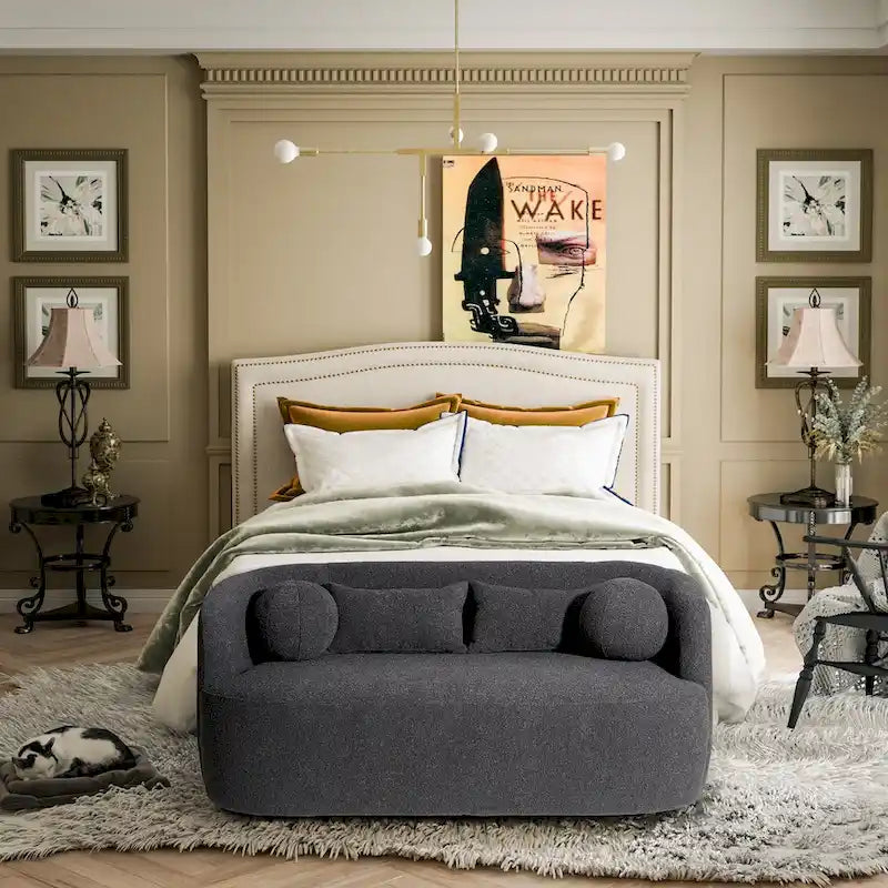 Causeuse Bouclée Taupe / Gris Foncé / Verte / Beige, 2 Places avec Coussins