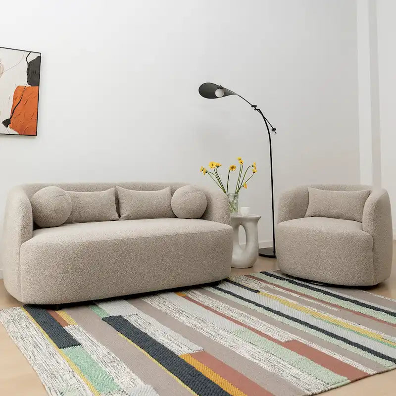 Causeuse Bouclée Taupe / Gris Foncé / Verte / Beige, 2 Places avec Coussins