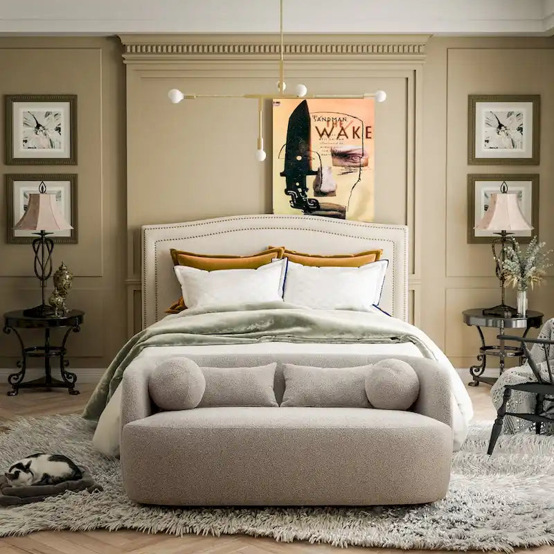Causeuse Bouclée Taupe / Gris Foncé / Verte / Beige, 2 Places avec Coussins