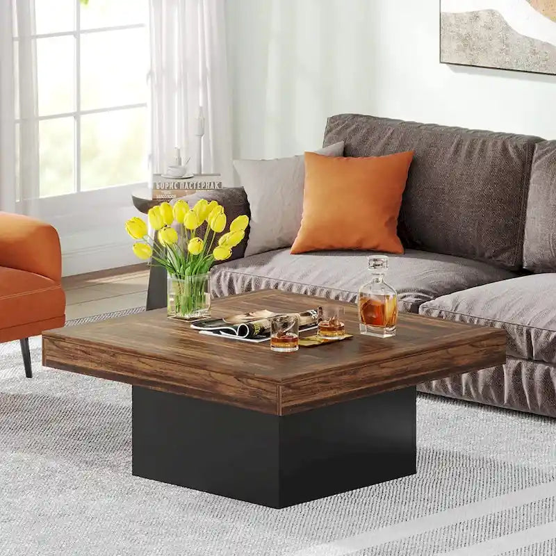 Table basse carrée à LED marron / gris / noir / jaune / beige / naturelle, bois d'ingénierie, 1 pièce