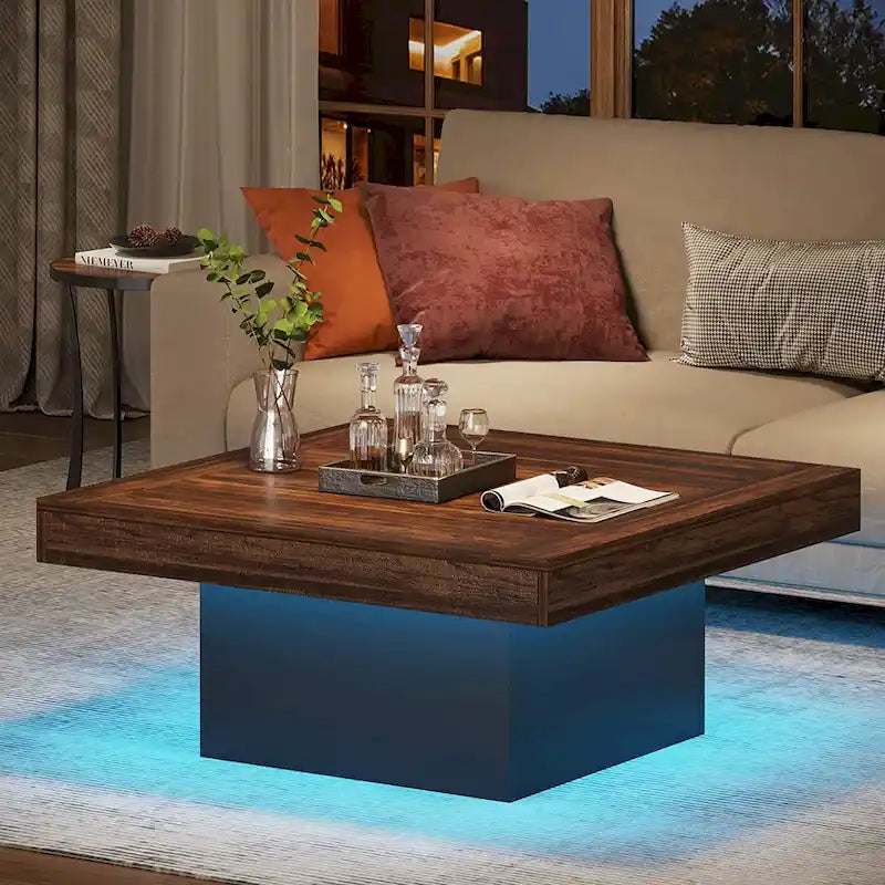 Table basse carrée à LED marron / gris / noir / jaune / beige / naturelle, bois d'ingénierie, 1 pièce