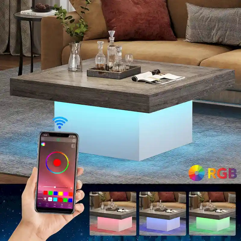 Table basse carrée à LED marron / gris / noir / jaune / beige / naturelle, bois d'ingénierie, 1 pièce