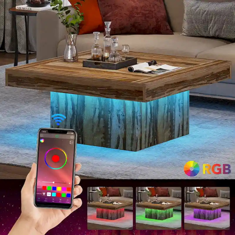Table basse carrée à LED marron / gris / noir / jaune / beige / naturelle, bois d'ingénierie, 1 pièce