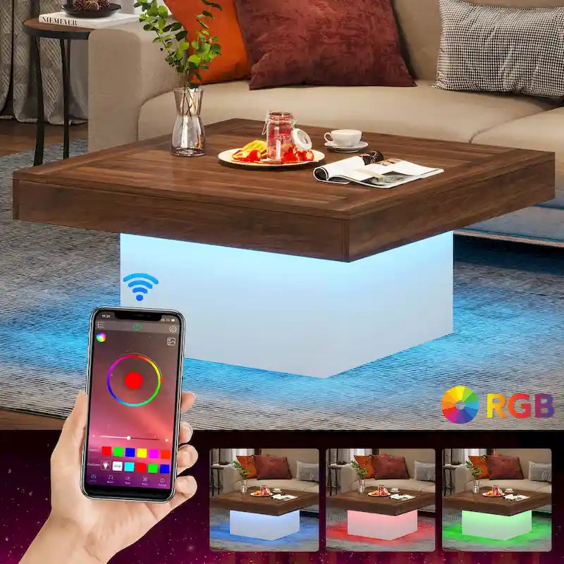 Table basse carrée à LED marron / gris / noir / jaune / beige / naturelle, bois d'ingénierie, 1 pièce