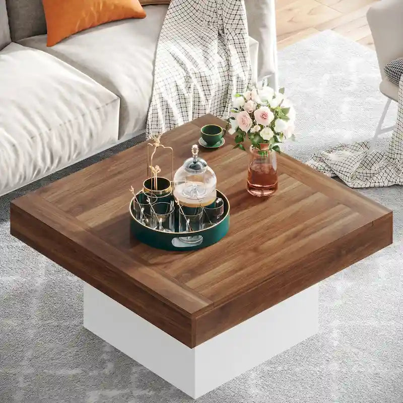 Table basse carrée à LED marron / gris / noir / jaune / beige / naturelle, bois d'ingénierie, 1 pièce