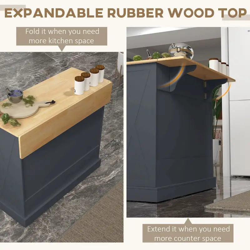 Îlot de cuisine portable gris avec dessus en bois, 1 personne