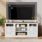 Meuble TV de style rustique blanc avec portes de grange vitrées, convient aux téléviseurs jusqu'à 75 po