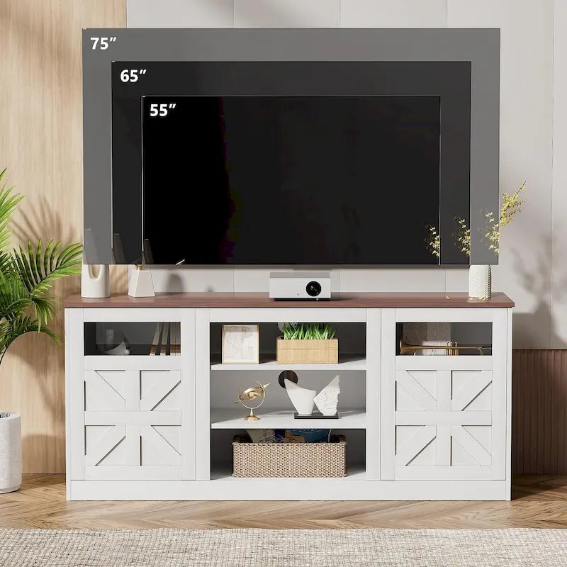 Meuble TV de style rustique blanc avec portes de grange vitrées, convient aux téléviseurs jusqu'à 75 po