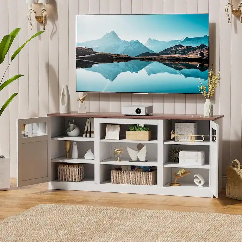 Meuble TV de style rustique blanc avec portes de grange vitrées, convient aux téléviseurs jusqu'à 75 po