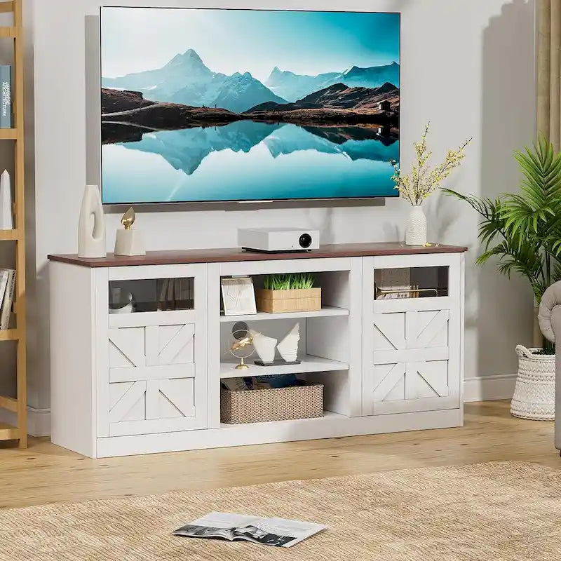 Meuble TV de style rustique blanc avec portes de grange vitrées, convient aux téléviseurs jusqu'à 75 po