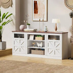 Meuble TV de style rustique blanc avec portes de grange vitrées, convient aux téléviseurs jusqu'à 75 po
