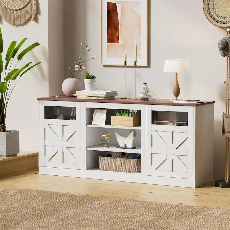Meuble TV de style rustique blanc avec portes de grange vitrées, convient aux téléviseurs jusqu'à 75 po