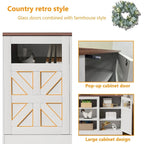 Meuble TV de style rustique blanc avec portes de grange vitrées, convient aux téléviseurs jusqu'à 75 po