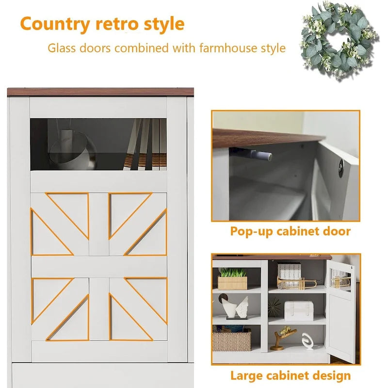 Meuble TV de style rustique blanc avec portes de grange vitrées, convient aux téléviseurs jusqu'à 75 po